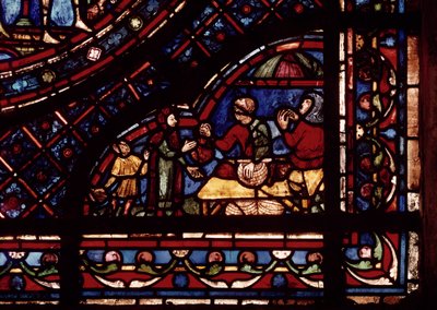 Vishandelaren, detail van een raam dat scènes uit het leven van St. Antonius toont, uit de zuidelijke ommegang door French School