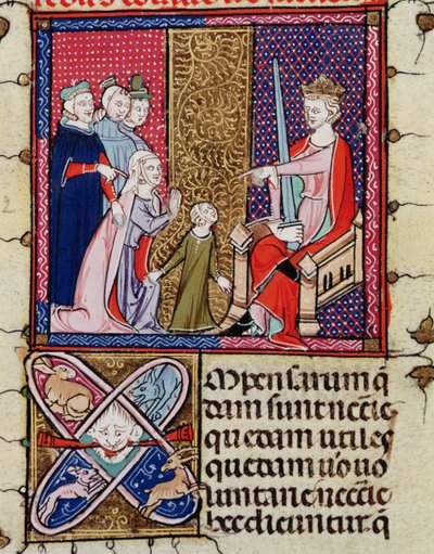 Fol.11v Een kind en haar moeder verschijnen voor een rechter, uit Justiniani in Fortiatum door French School