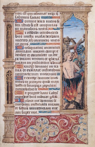Fol.67r Pagina met tekst met een randdetail van een man die wordt gemarteld door twee demonen, uit "Heures de l"Usage de Rome" door French School