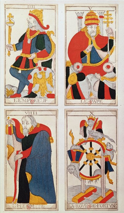 Vier tarotkaarten met afbeelding van De Keizer, De Paus, De Kluizenaar en Het Rad van Fortuin (gekleurde houtsnede) door French School