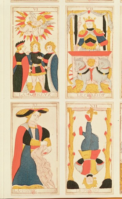 Vier tarotkaarten met afbeelding van De Geliefden, De Zegewagen, Kracht en De Gehangene (gekleurde houtsnede) door French School