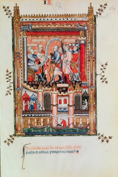 Sisinnius geeft bevelen aan St. Denis en zijn metgezellen die voor hem worden gebracht, uit Vie de St. Denis, 1317 door French School