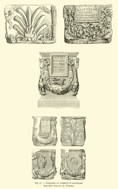 Fragmenten van beeldhouwwerk en grafmonumenten gevonden in de rue Vivienne (gravure) door French School