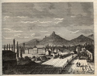 Frankrijk, Elzas, Bas-Rhin (67), Saverne: Oevers van de Zorn, het oude Chateau du Haut Barr gebouwd op de rotsen - gravure in 