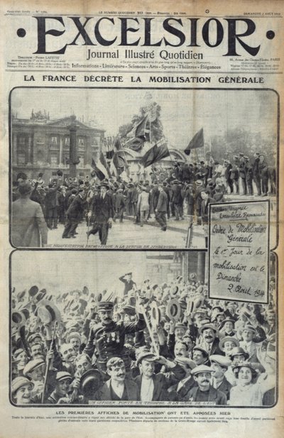 Frankrijk kondigt algemene mobilisatie aan op 2 augustus 1914, omslagillustratie van Excelsior op zondag 2 augustus 1914 door French School