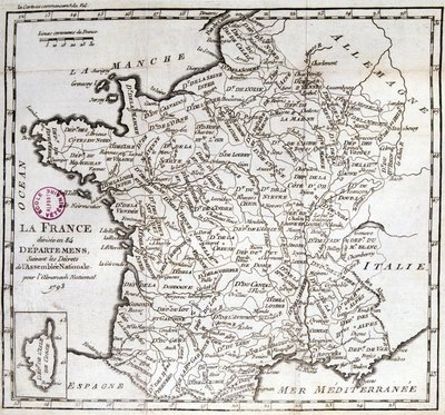 Frankrijk verdeeld in 84 departementen volgens de decreten van de Nationale Vergadering van 1793 door French School