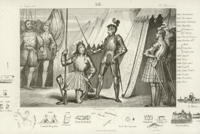 Frans I van Frankrijk vraagt om geridderd te worden door de Chevalier Bayard na de overwinning in de Slag bij Marignano, Italië, 1515 door French School