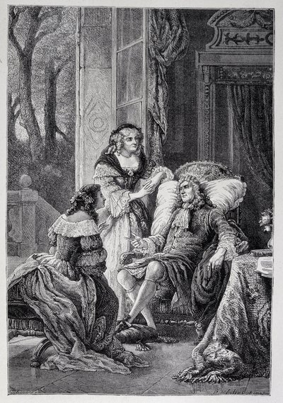 Francois de la Rochefoucauld (1613-1680) in gesprek met Mademoiselle de Sevigne (Marie de Rabutin-Chantal), Marquise de Sevigne genaamd Madame de Sevigne (1626-1696) en Marie-Madeleine Pioche de La Vergne, gravin de Lafayette (Madame de la Fayette) door French School