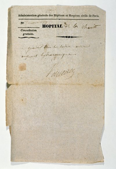 Gratis recept van het Hopital de la Charite, Parijs, 7 maart 1837 door French School