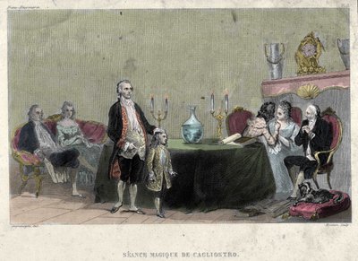 Vrijmetselarij: Seance van magie door Giuseppe Balsamo, bekend als Alexander, Graaf van Cagliostro (1743 - 1795). Gravure uit 