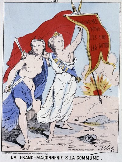 Vrijmetselarij en de Commune: een vrouw die de Vrijmetselarij symboliseert zwaait met een vlag met het opschrift 