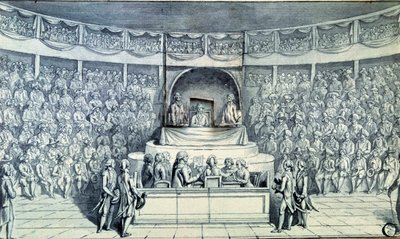 Franse Revolutie: Koning Lodewijk XVI (1754-1793) aan het roer wordt ondervraagd door Antoine Barnave (1761-1793) tijdens zijn proces voor de Nationale Conventie die zal beslissen over zijn doodvonnis op 21/01/1793. Anonieme tekening rond 1793. Parijs, Lou door French School