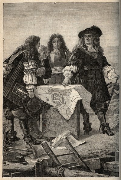 Franse architect Vauban maakt de plannen voor de vestingwerken van Belfort (oost-Frankrijk) op verzoek van Lodewijk XIV in 1687 - Sebastien Le Prestre de Vauban geeft de plannen van de vestingwerken van Belfort - gravure in 