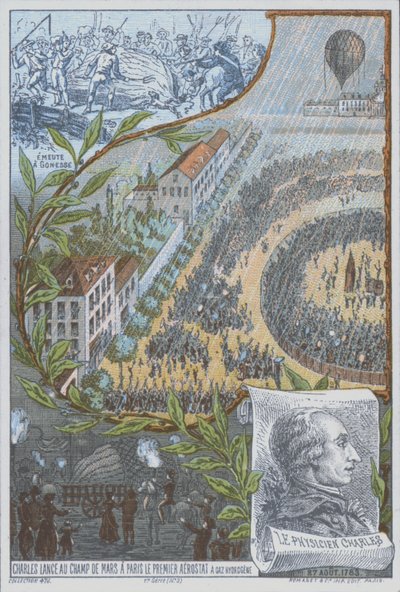 Franse ballonvaarder Jacques Charles lanceert de eerste waterstofballon vanaf het Champ de Mars, Parijs, 27 augustus door French School