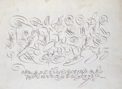 Franse kalligrafie: Plaat van hoofdletters, gravure van Frisius, calcograaf van de koning door Robert Vignon in de tuin van het schrijven rond 1600. door French School