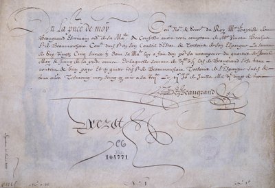 Franse calligrafie: Ontvangstbewijs ten gunste van Bernard de Beaugrand afgeleverd op 2 juli 1623. Historische bibliotheek van de stad Parijs door French School
