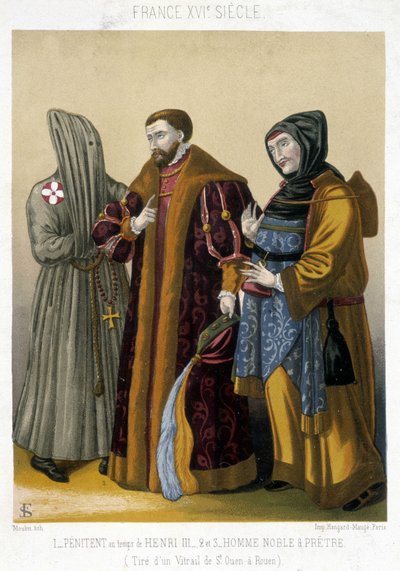 Franse kostuums in de 16e eeuw: Links een boeteling, in het midden een edelman en rechts een priester. Illustratie van de 19e eeuw uit Saint Ouen in Rouen door French School