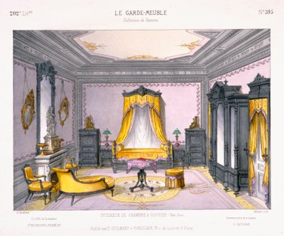 Frans ontwerp voor een interieur van een slaapkamer in Neo-Griekse stijl uit Le Garde-Meuble patroonboek, gepubliceerd door D Guillard, Parijs door French School