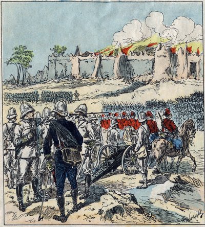 Franse expeditie naar Dahomey (het huidige Benin). Generaal Dodds vormt zijn aanvalskolommen voor Abomey door French School