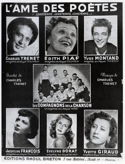 Voorkant van de partituur van het lied LAme des Poetes met tekst en muziek van Charles Trenet, uitgegeven in Parijs door Editions Raoul Breton door French School