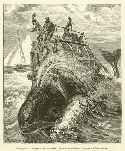 Frontispice van de reis op de rug van een walvis, geïllustreerd verhaal, gepubliceerd door de krant La Récréation door French School