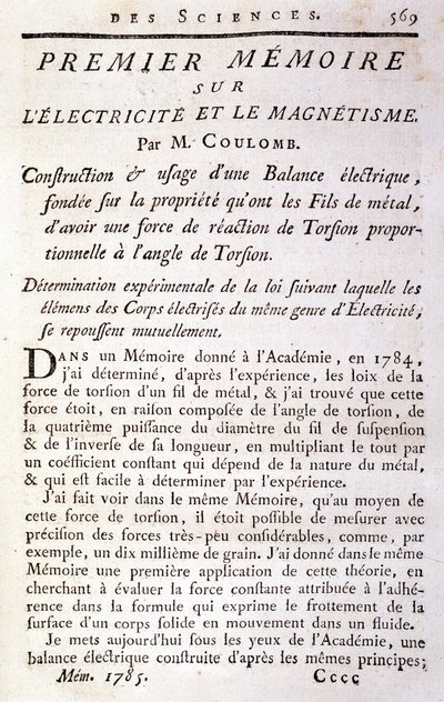 Frontispice van het boek "Eerste memorie over elektriciteit en magnetisme" door Coulomb door French School