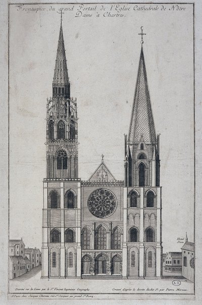Frontispice van het grote portaal van de Kathedraal Notre Dame in Chartres, ontworpen ter plaatse door Saint Vincent Geograaf Ingenieur, 19e eeuw door French School
