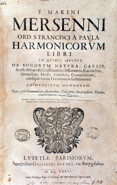 Frontispice van Harmonie universelle door Marin Mersenne door French School