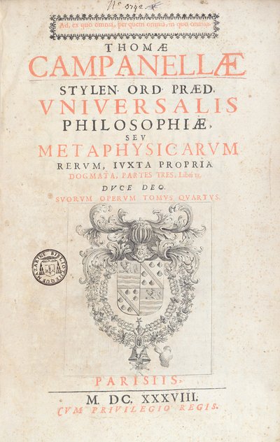 Frontispice van Universalis Philosophiae door Tommaso Campanella, gepubliceerd in Parijs, 1638 door French School