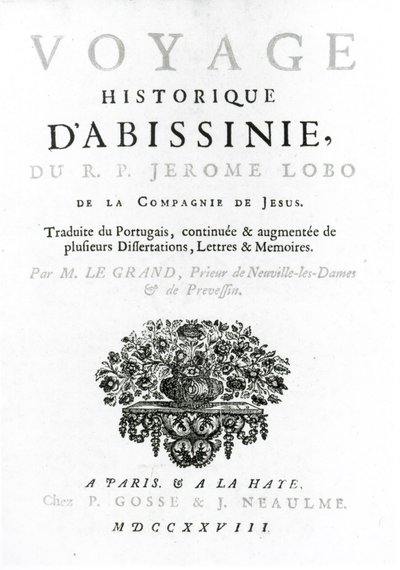 Frontispice van de Franse vertaling van Voyage to Abyssinia door Jeronimo Lobo, gepubliceerd in 1728 door French School