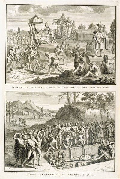 Begrafenisrituelen en de manier van begraven van heren na hun dood, in Peru, illustratie uit Religieuze Ceremonies en Gebruiken, gegraveerd door Bernard Picart (1673-1733) 1722 door French School
