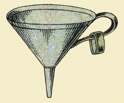 Trechter. Gravure in "ABC onbreekbaar op gelakt canvas". A. Capendu, uitgever, Parijs, eind 19e eeuw. Kinderboekwinkel geïllustreerd. 8 pagina