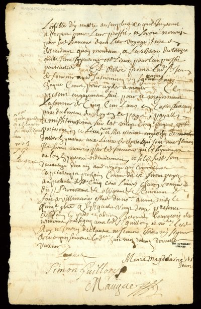 Bontcontract tussen Francois Francoeur en vier voyageurs voor het transport van goederen en de aankoop van bevervellen in Michilimackinac en Chicago, 1692 door French School