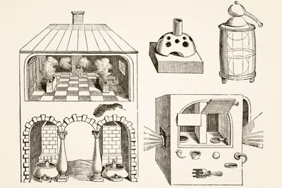 Ovens en diverse apparaten gebruikt door chemici en alchemisten in de Middeleeuwen, naar een gravure van Vriese, uit Wetenschap en Literatuur in de Middeleeuwen door Paul Lacroix, uitgegeven in Londen 1878 door French School