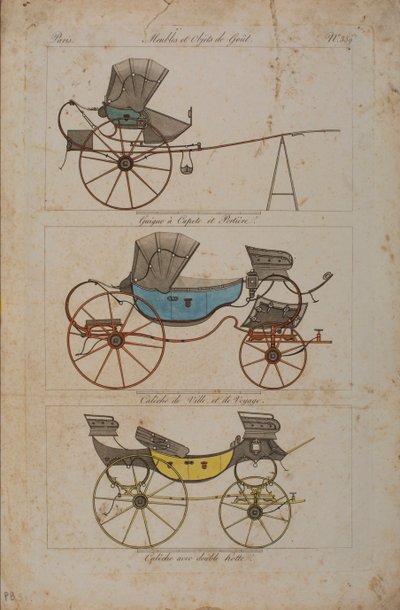Meubels en voorwerpen van smaak, nr. 32, Phaeton Simple (gekleurde gravure) door French School