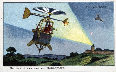 Futuredays: Een negentiende-eeuwse visie op het jaar 2000 - Serie "In het jaar 2000": Helikopter vooruitgeschoven post - Chromolithografie door Villemard door French School