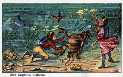 Futuredays: Een negentiende-eeuwse visie op het jaar 2000 Serie: Een moeilijke vangst (onder de zee). Chromolithografie door Villemard door French School