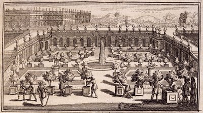 Tuinmannen aan het werk in een sinaasappeltuin, uit Le Parfait Jardinier, ou Instruction pour les Jardins Fruitiers et Potager, door Jean de la Quintinye, gepubliceerd 1695 door French School