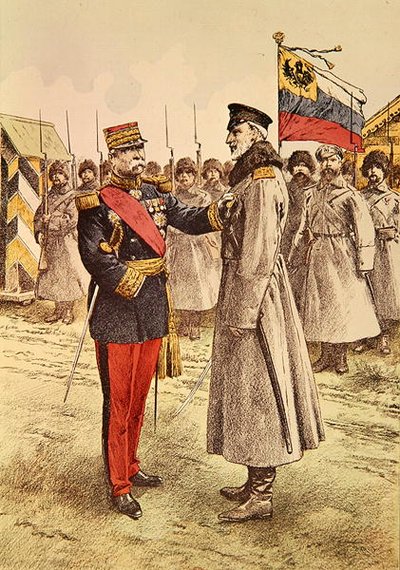 Generaal Pau geeft een Franse onderscheiding aan de Russische opperbevelhebber, Groothertog Nicolaas door French School