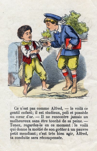 Generositeit. Kind geeft de helft van zijn smaak aan een kleine bedelaar. Jongens alfabet. Abecedarium met morele waarde met leesoefeningen. Beeld van Epinal eind 19e eeuw door French School