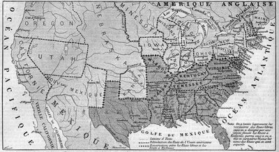 Geografische kaart van de Verenigde Staten van Amerika in maart 1861. Slavernijstaten zijn weergegeven in het rood. In het wit geschreven, de namen van de zeven confederale staten die zich van de Unie afscheidden: Texas, South Carolina, Mississippi, Florid door French School