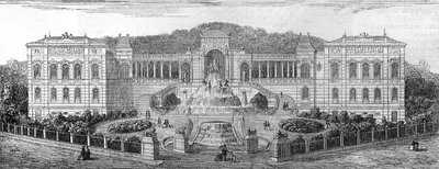 Geometrisch uitzicht op het Palais de Longchamp in Marseille, Bouches du Rhône (13), gebouwd in 1862 door Henri Jacques Espérandieu (1829-1874). Gravure in 