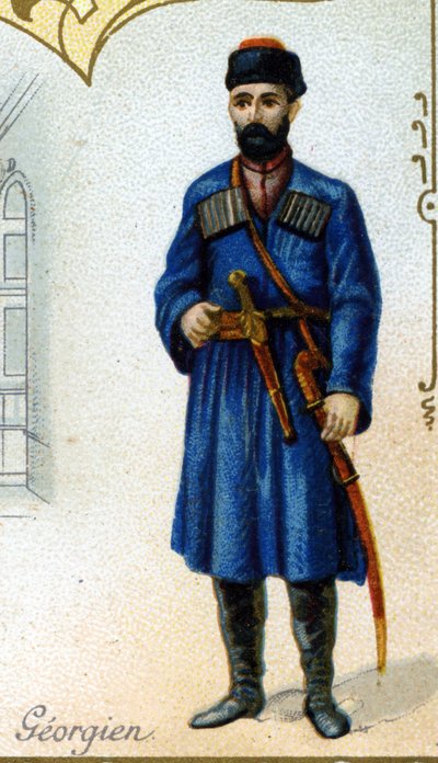 Georgische man. Serie van 25 reclamechromos voor de Dijon fabriek van Biscuits Pernot, eind 19e eeuw. Detail van de personages in traditionele klederdracht door French School