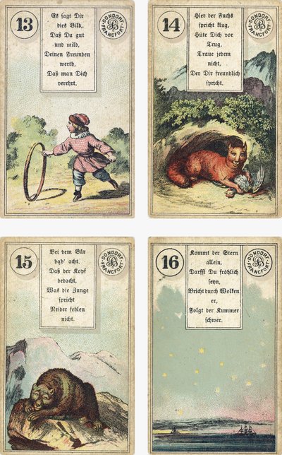 Duitse editie van het Lenormand Franse waarzegkaarten deck: Het Kind, De Vos, De Beer, De Ster, uitgegeven door Dondorf, Frankfurt, 19e eeuw door French School