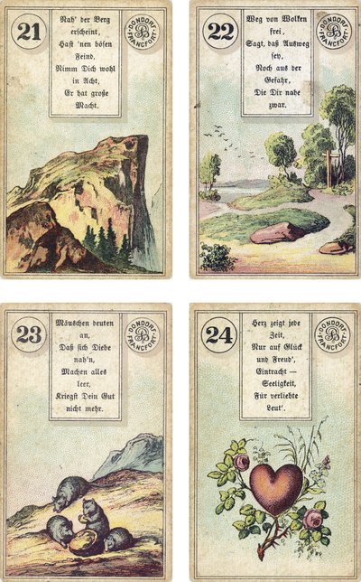 Duitse editie van het Lenormand Franse waarzegkaarten deck: De Berg, De Weg, De Muizen, Het Hart, uitgegeven door Dondorf, Frankfurt, 19e eeuw door French School
