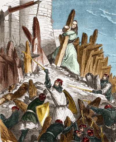 Oorlog tegen Hugues du Puiset door Lodewijk de Dikke: Aanval op het kasteel van Puiset (gelegen in het departement Eure-et-Loir) door de troepen van de koning van Frankrijk LODEWIJK VI de Dikke in 1118. Gravure in 