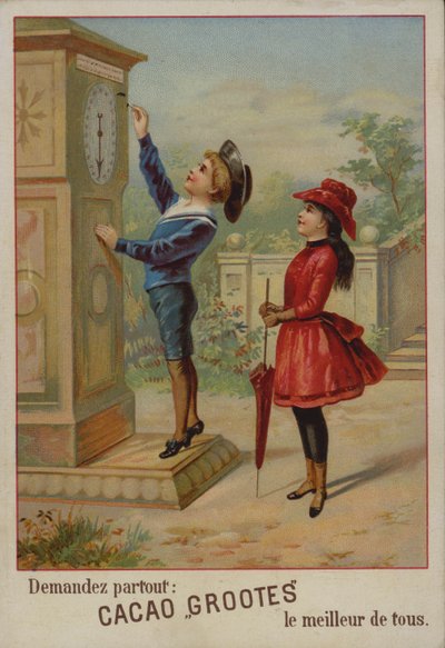 Meisje kijkt naar een jongen die een klok aanpast (chromolitho) door French School