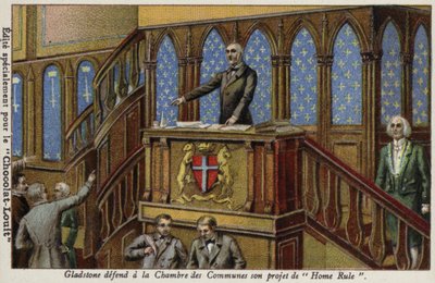 Gladstone verdedigt zijn beleid voor Ierse Home Rule in het Lagerhuis door French School