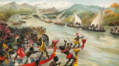 Groot gevecht op een rivier in Afrika door French School