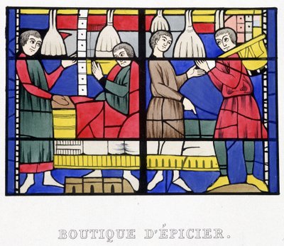 Kruidenierswinkel. Facsimile van een glas-in-lood uit de Middeleeuwen in 